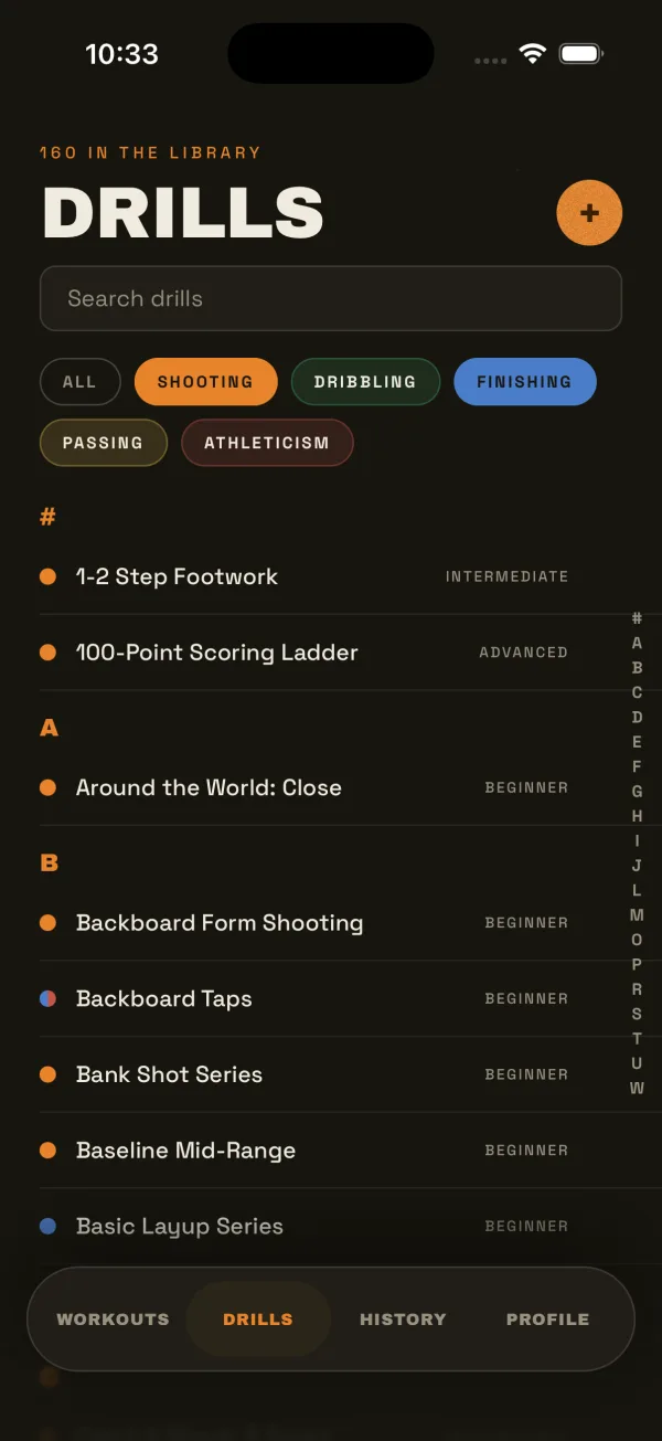 ISO Drills tab filtered to shooting and finishing, with an A to Z rail
