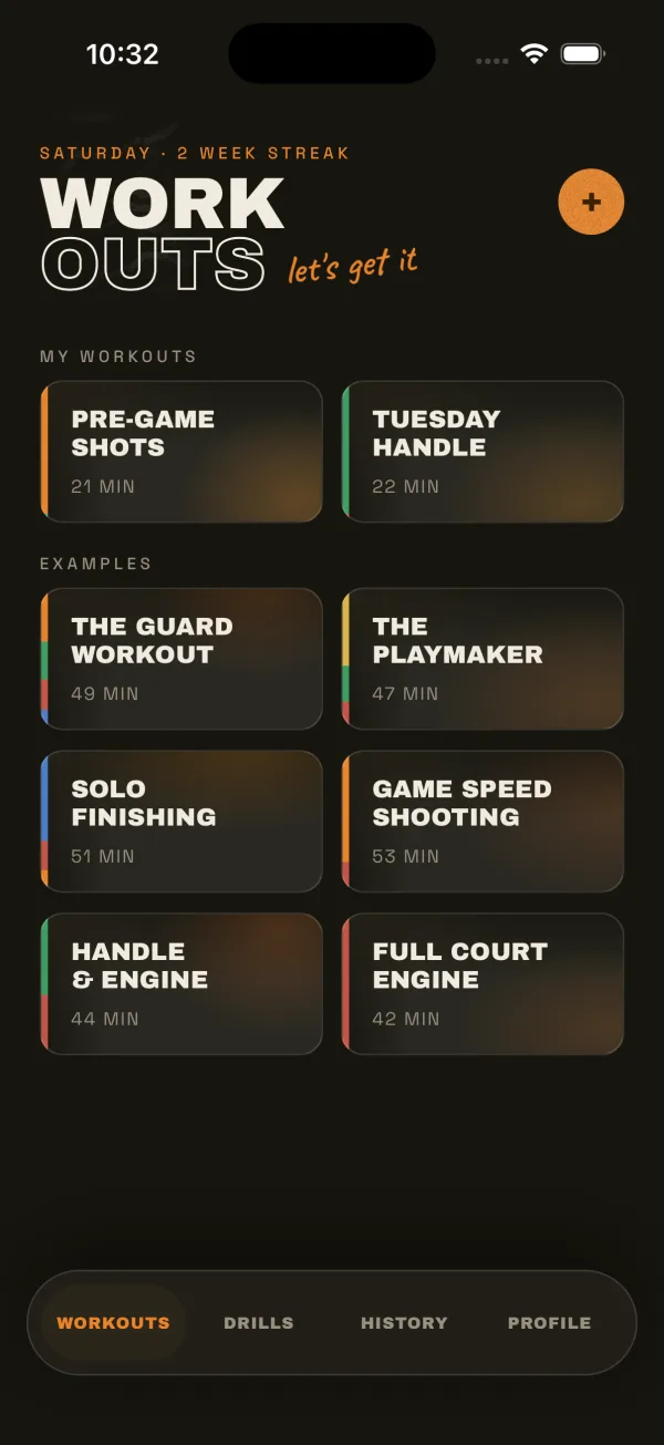 ISO Workouts tab: two custom workouts above the six examples